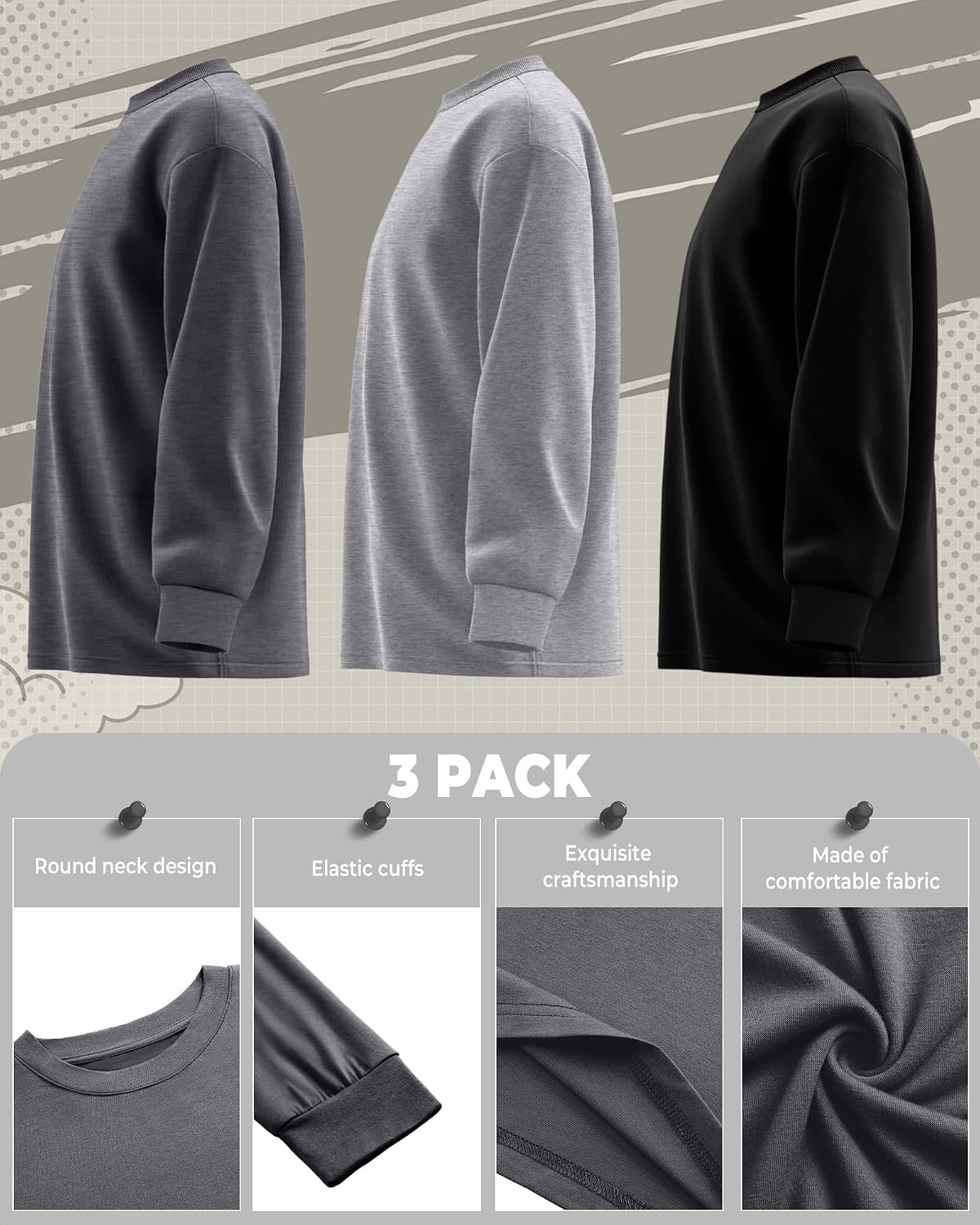 3 Pack Long Sleeve Shirts for Boy Crewneck Youth Undershirts Loose Kids Tops Winter Fall Basic Tee Pullover