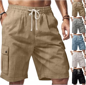 Mens Linen Cargo Shorts - Summer Elastic Waist Drawstring Loose Fit Bermuda Casual Beach Shorts with 5 Pockets
