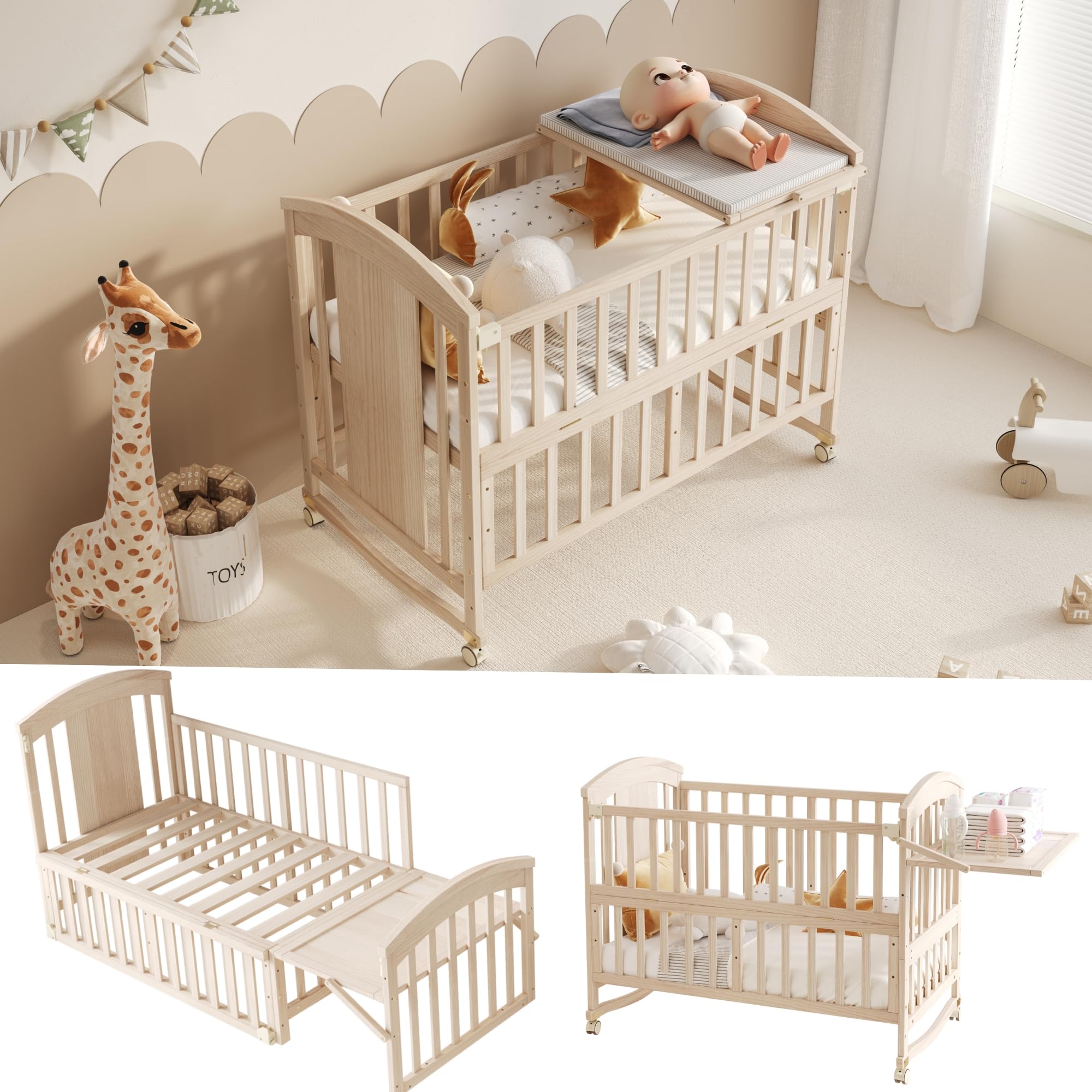 Cuna Bebe con Ruedas Bloqueables, Cuna Colecho con Cambiador, Estante Plegable Extensible, Madera Maciza de Pino, Utilizable como Cama Auxiliar Bebe, 120 x 60 x 95 cm (Extensible 40 cm)