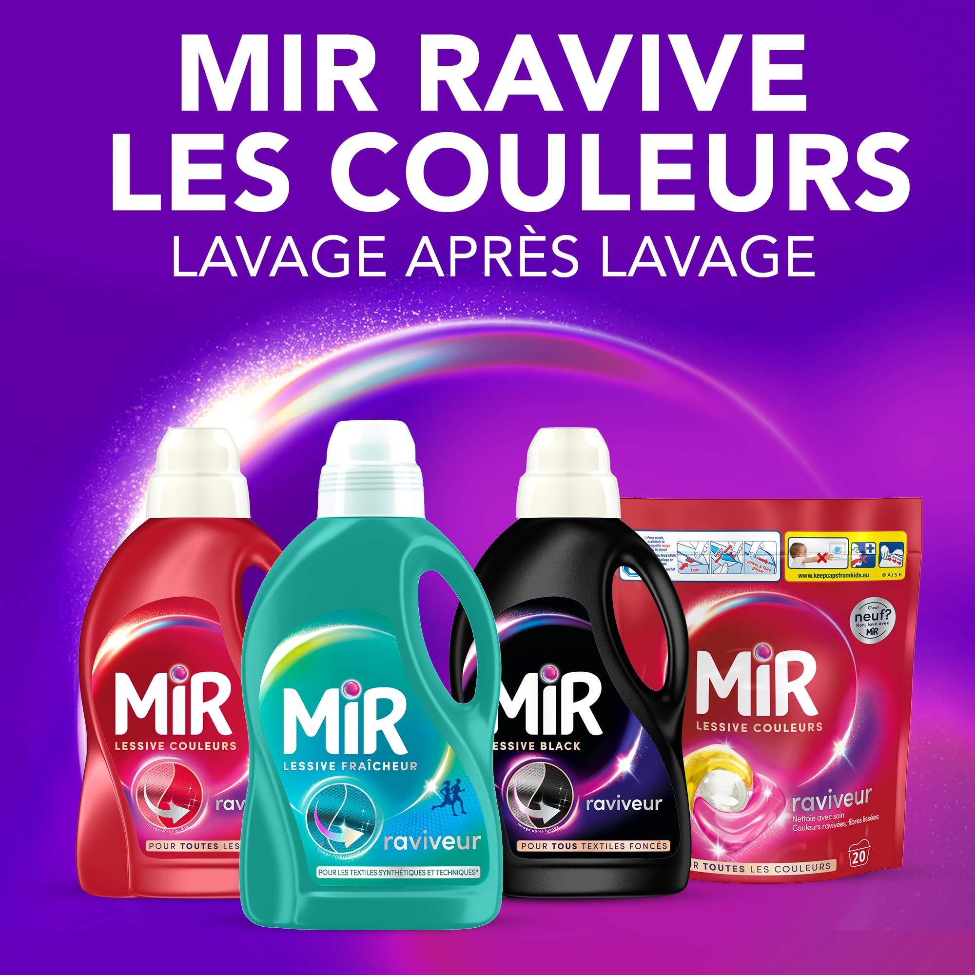 MIR, Lessive Liquide Couleurs, Main & Machine, Raviveur, Formule Unique 3en1, Fraicheur, Fibres, Anti Bouloche, Nettoie avec Soin, 54 Lavages