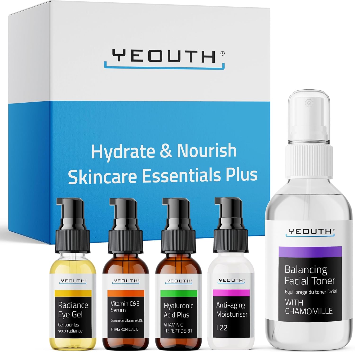 Huidverzorgingsset Gezichtsverzorging: Vitamine C Serum, Toner, Hyaluronzuur Serum, Ooggel, Gezichtscrème 5-delige Huidverzorging Cadeauset