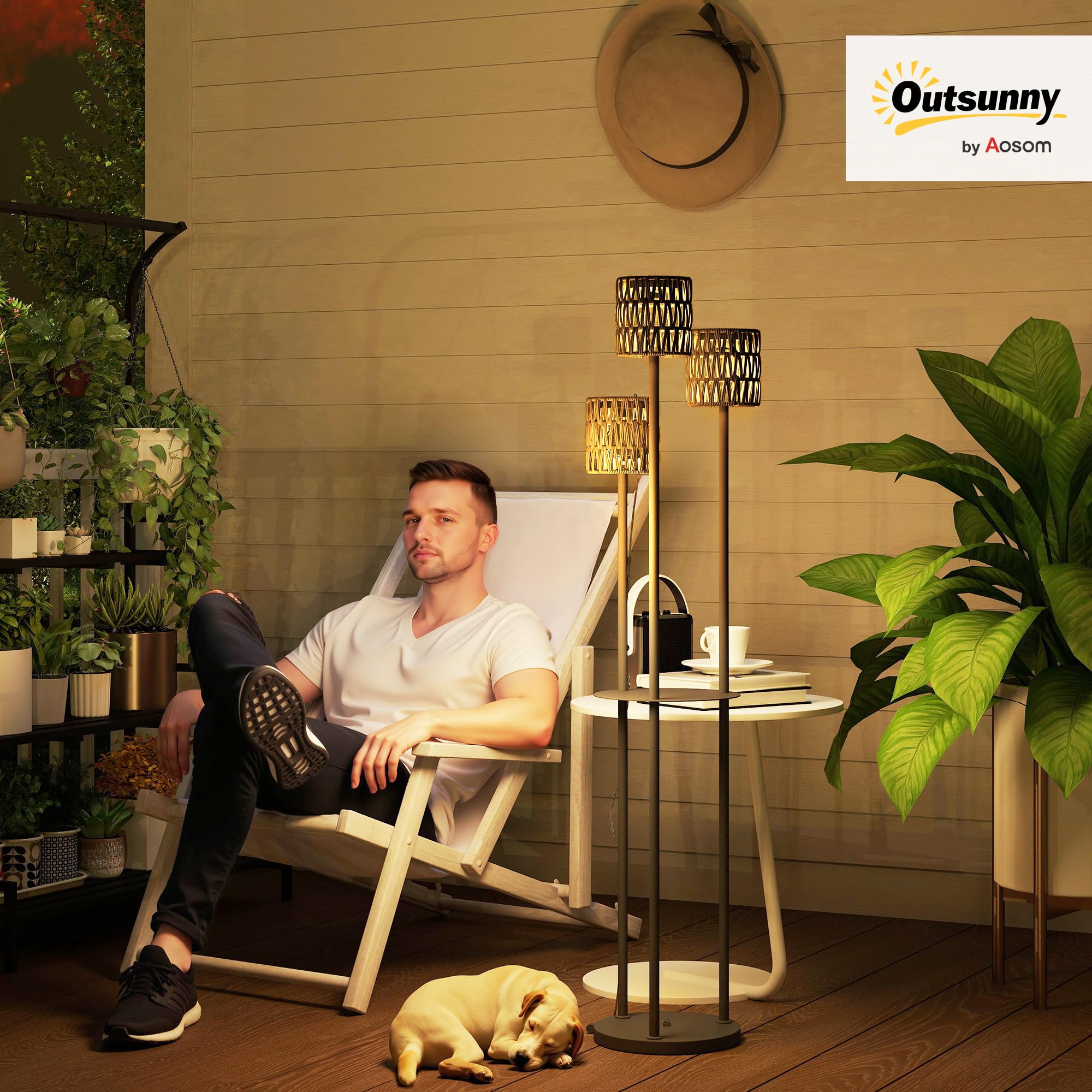 Outsunny Lámpara de pie de ratán bohemia, lámpara de ratán de 3 luces con estante, luz solar de jardín independiente con luces de encendido/apagado automático, IP44 impermeable para porche, camino