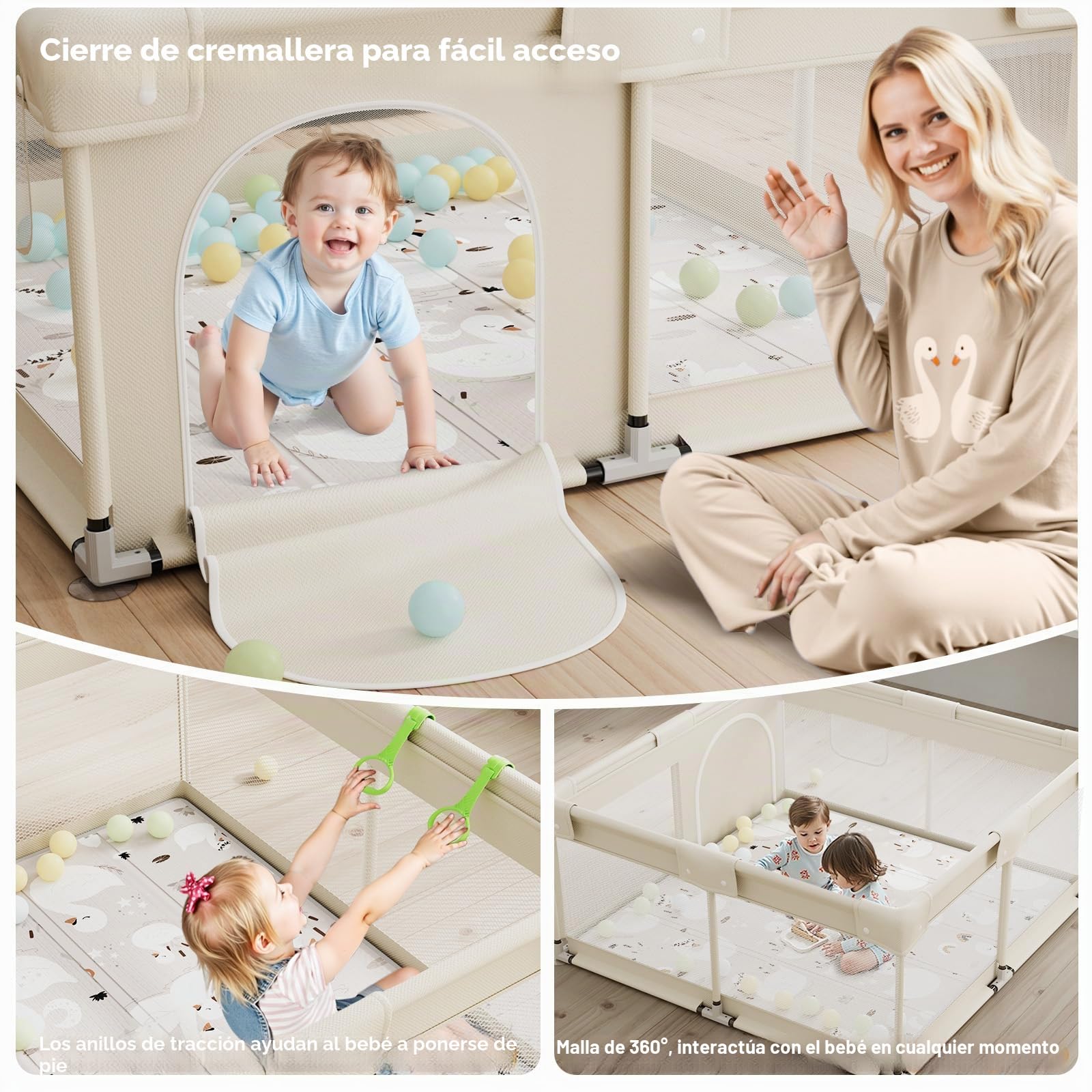 Parque Bebe con Alfombra, Beige Niño, Barreras, Parque Bebé de Tela Oxford, Juego para Apartamento
