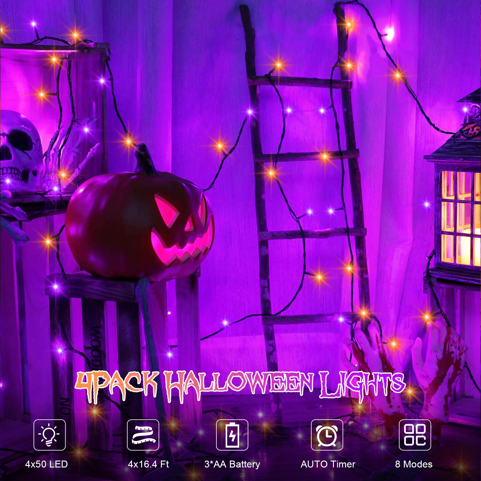 Zestaw 4 fioletowych i pomarańczowych łańcuchów świetlnych na Halloween, 50 diod LED, z timerem, 8 trybów oświetlenia, zasilany bateryjnie, na imprezę, podwórko, patio