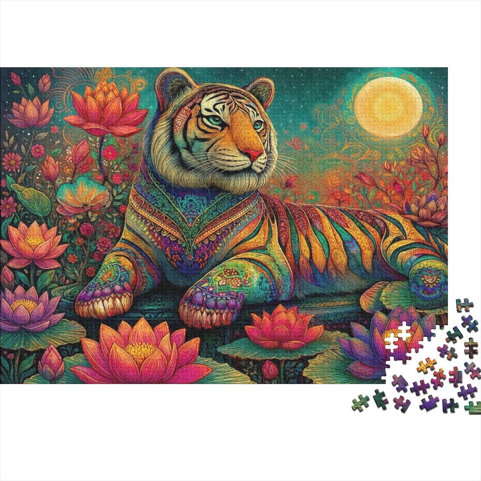 Colorful Tiger Lotus Pond 1000 Piece Jigsaw Puzzle Paper for Adults Relaxing Focus Family Interaction Home Decor Gift 38x26cm/1000pcs — image 1
