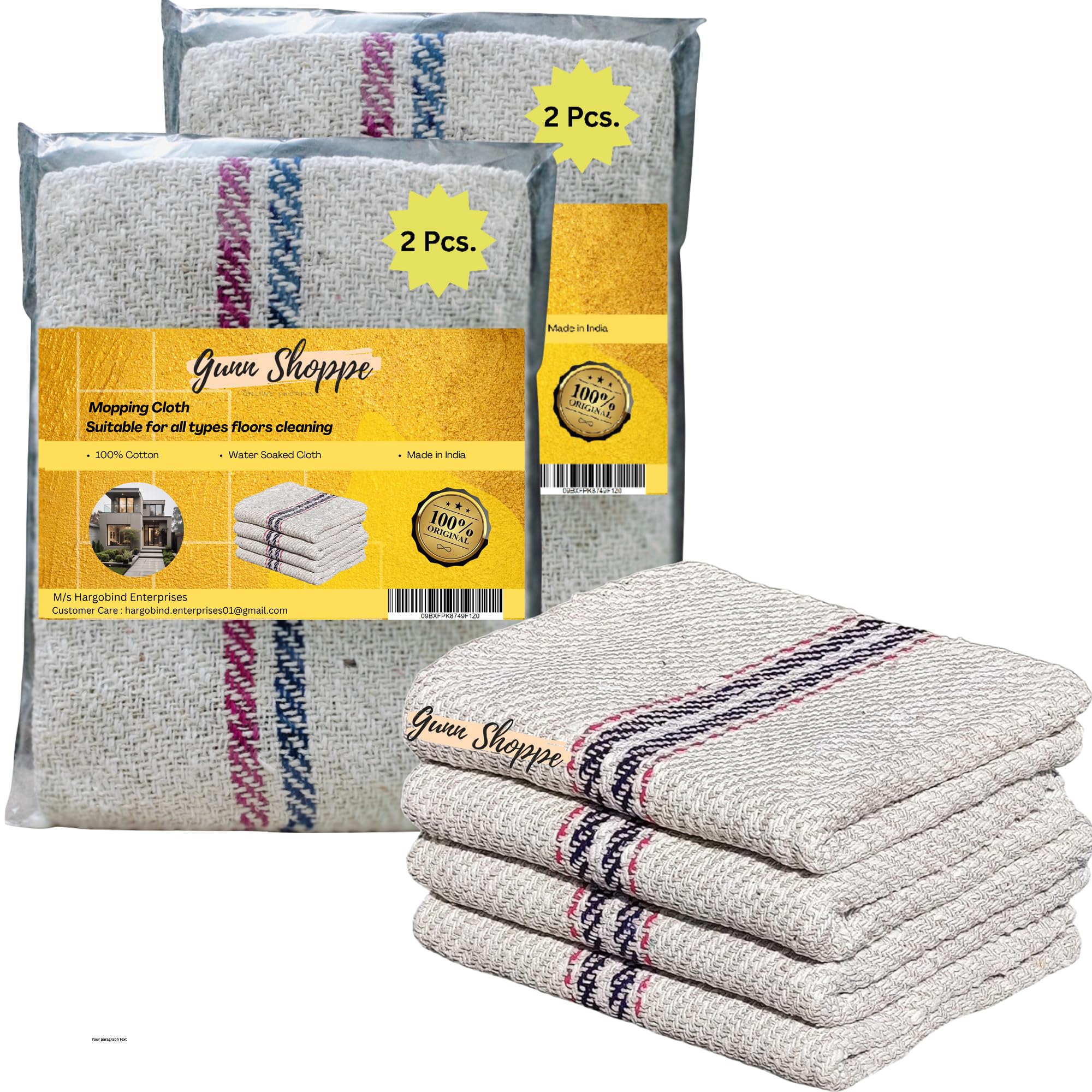 Gunn Shoppe 24X24 Inch Large Cotton Floor Cleaning Cloth/Pocha [Set Of 4 Pcs.] Super Absorber Thick Stuf Cotton, Dry & Wet Reusable 400GSM Domestic Size Easy To Use By Hands (24X24 Inch.), Off-White