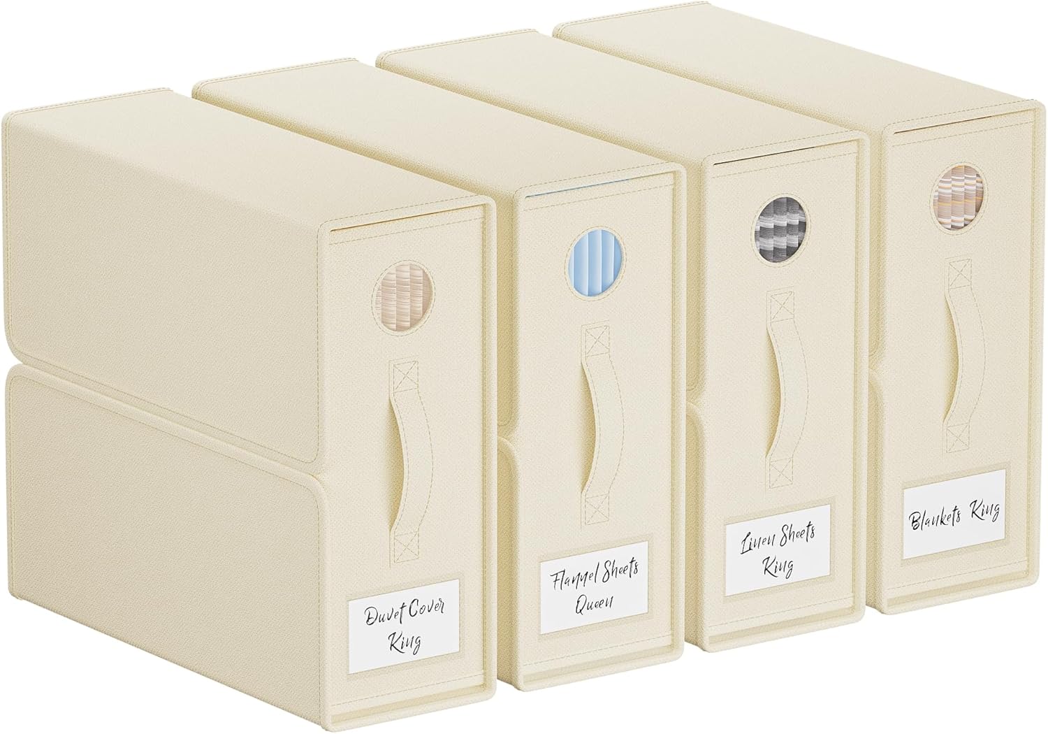 TRZZ 4-Pack Bed Sheet Organizers and Storage, Foldable Linen Bins with Window and Labels, Bedding Holder for Queen/King Duvet Covers, Keeps Bedding Neatly Organized and Accessible (Beige)