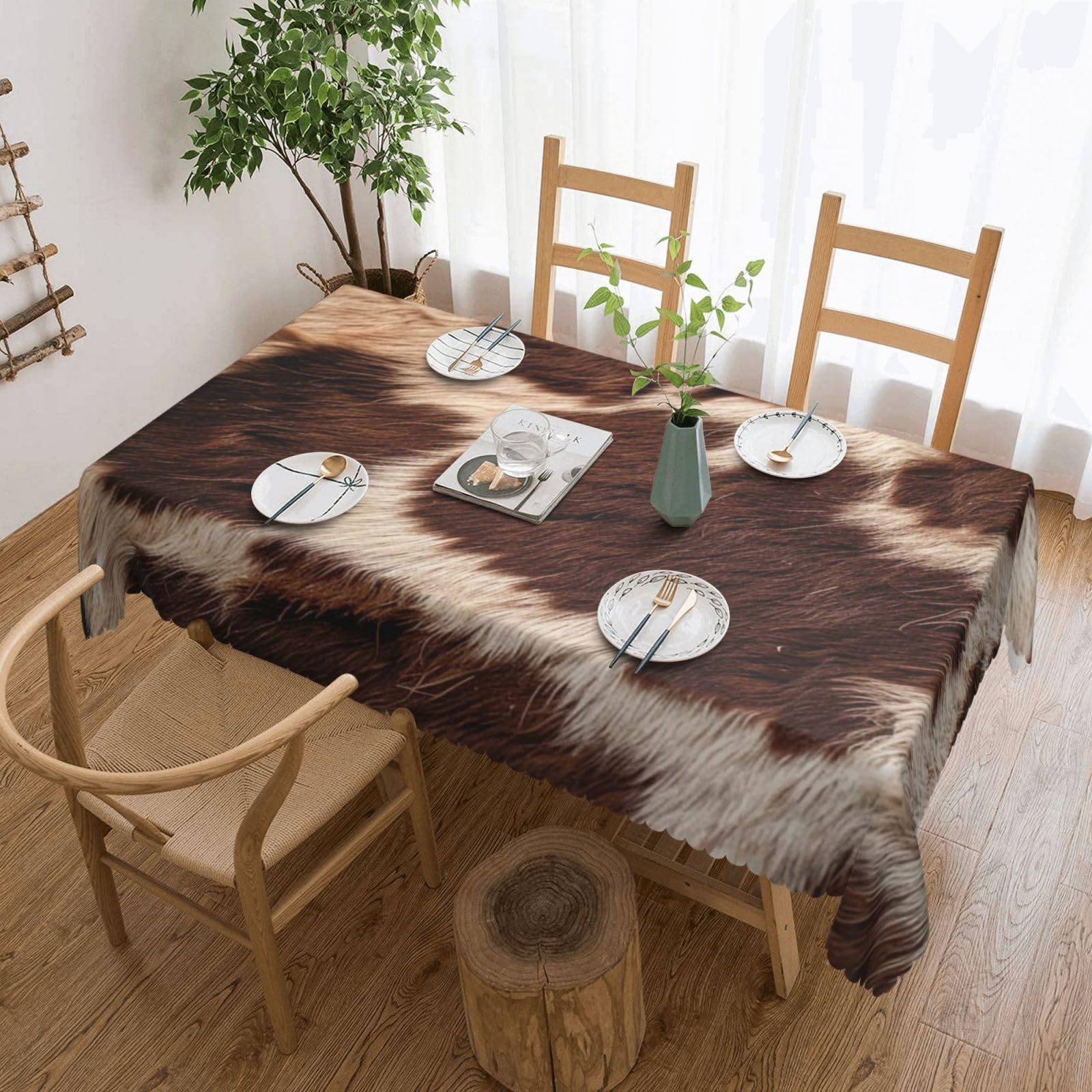 WPKJU Brown Cowhide Printed Rectangle Tablecloth 72x54 Inch with Lace Trim, Water-Resistant Washable Table Cover for Farmhouse Weddings, Outdoor Picnics & Holiday Dining