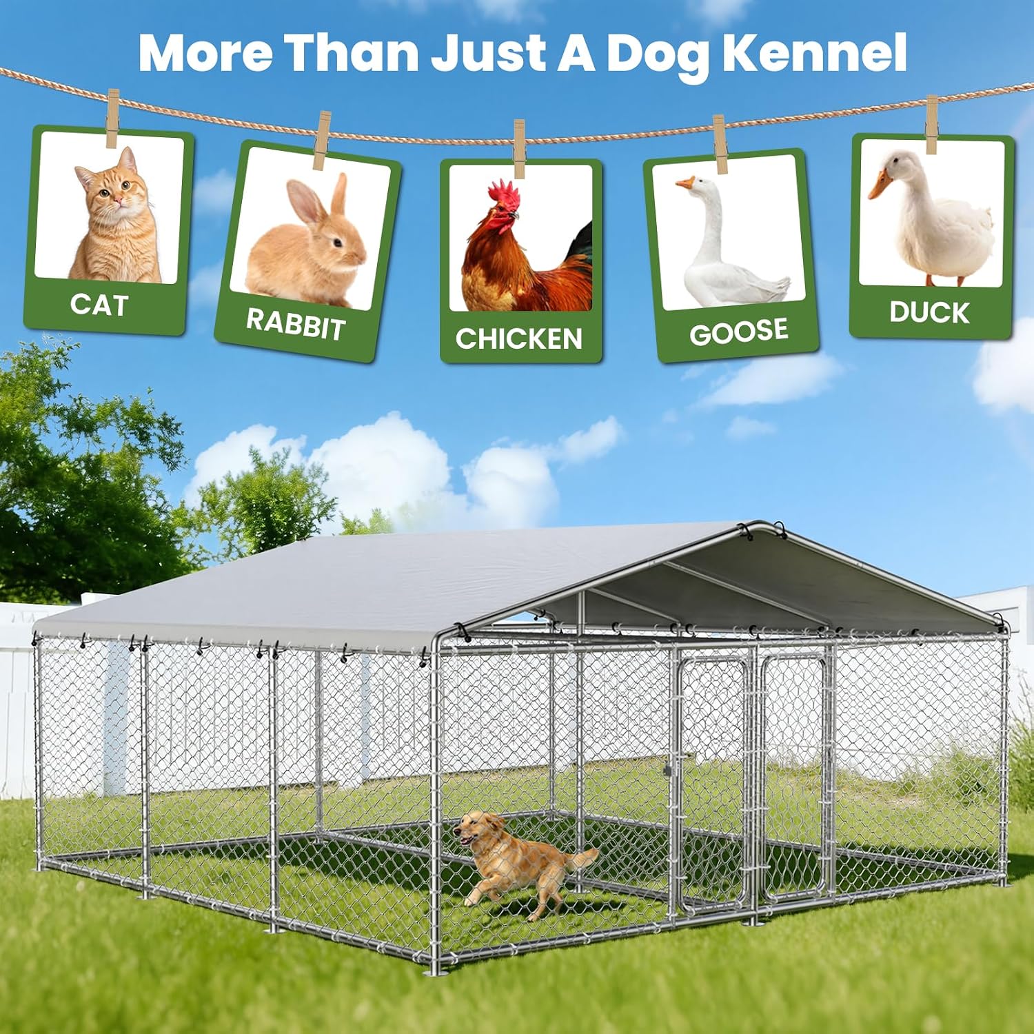 15.3×15.3FT Double Door Large Outdoor Dog Kennel, Dog Enclosure with Chain-Link Mesh,UV-Resistant Waterproof Cover and Secure Lock Outside Dog Run for Backyards, Farms & Multi-Pet Outdoor Spaces