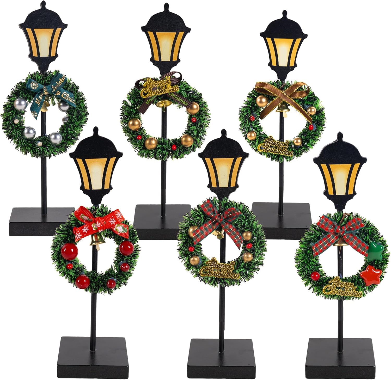 NEROSUN Christmas Table Decorations, 6Pcs Wreath and Lantern Standing Wooden Tabletop Decorations Signs, Merry Christmas Table Toppers for Xmas Home Winter Holiday Party Indoor Decor