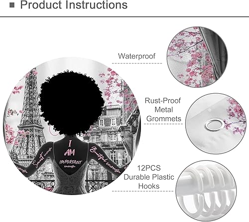 Miniatura 3 de Omifly Cortina de Ducha Chica Negra 60Wx72H Pulgadas Mujer Afroamericana Flores Rosas París Torre Eiffel Flor de Cerezo Moderna Romántica con 12