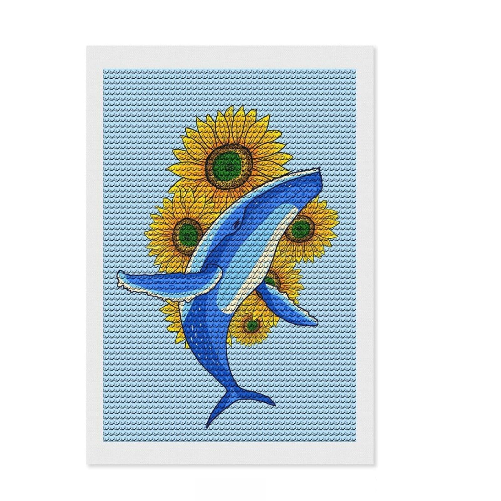 Junmoney Humpback Whale and Flower Diamond Art Canvas 8"x12", Neat Printed Canvas, Mindful Craft Activity, Cosy Home Accent, Festive Craft Gift