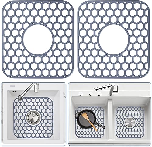 Miniatura 128 de Paquete de 2 tapetes de silicona para fregadero de 13.58 x 11.6 pulgadas, protectores para fregadero de cocina con drenaje central, rejilla Gris