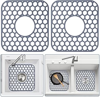 2 Pack Silicone Sink Protectors for Kitchen Sink - 12" x 11" Kitchen Sink with Center Drain Accessory, Non-Slip Heat-Resistant Mat for Bottom of Porcelain Stainless Steel, Dishwasher Safe