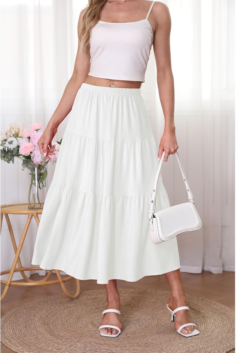 Kingfancy Women's Boho Midi Skirt A-Line Ruffle Elastic High Waist Tiered Flowy Skirts - Image 5