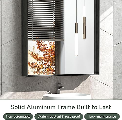 Miniatura 5 de TokeShimi Espejo de tocador negro de 48 x 30 pulgadas para lavabo de baño, moderno espejo rectangular montado en la pared con marco de aleación de