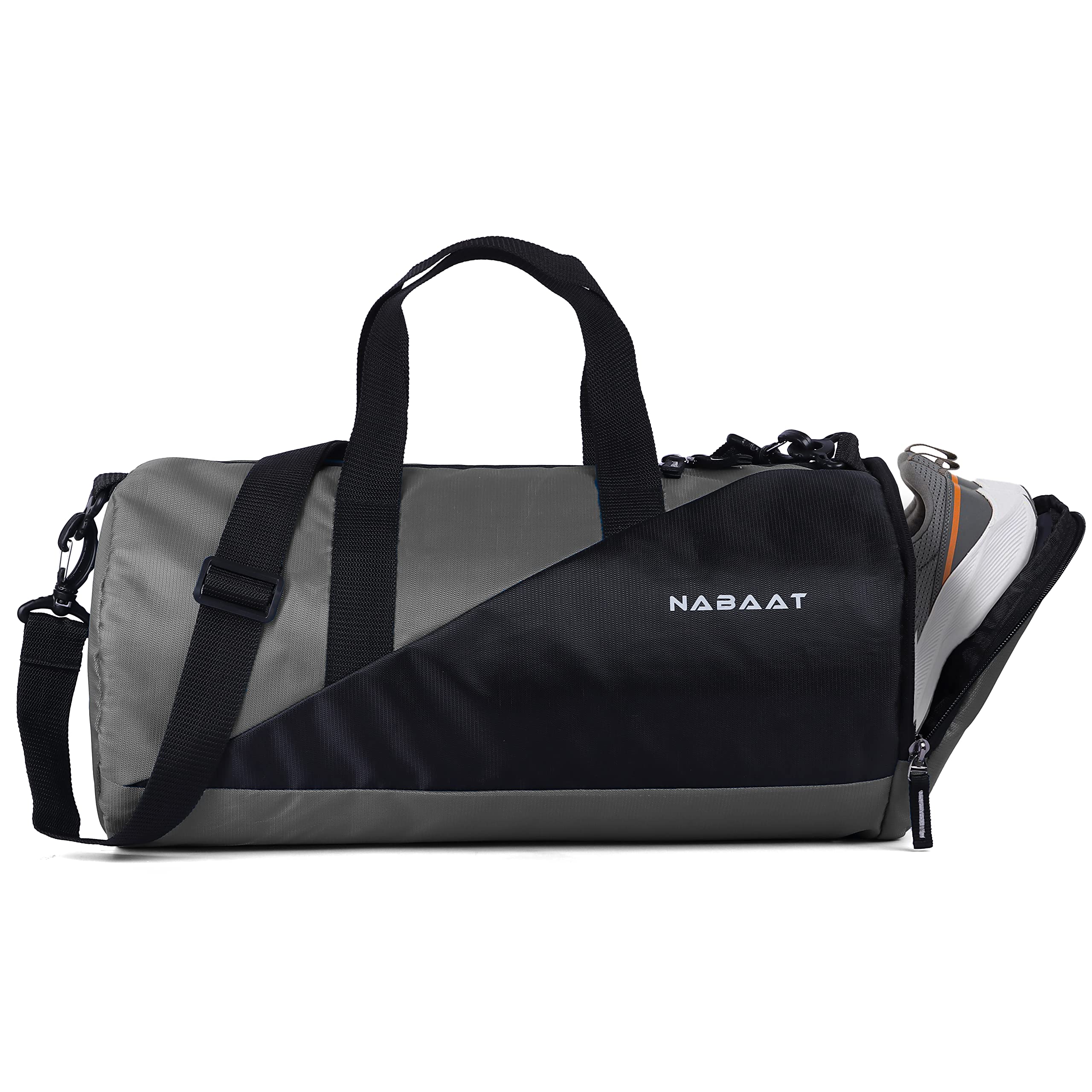 Nabaat Polyester Gym Bag / Duffle Bag / Sports Bag for Men and Women Shoulder Weekender Bag, Water Resistant with Additional Shoes Zipped Pocket (Grey_Black, GMB-GRBK2), Grey, Gym Bags