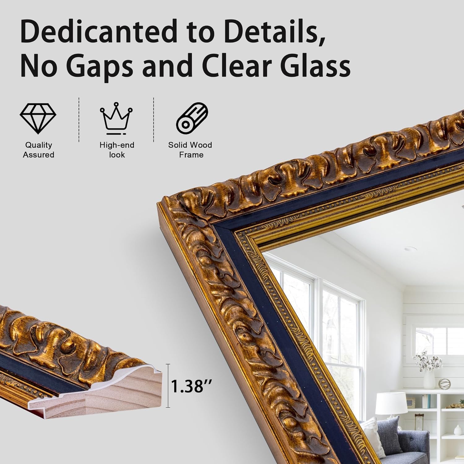 Chende Vintage Wall Mirrors for Decor, 47''x24'' Black and Gold Narrow Mirror for Bathroom with Antique Pattern Carving Wooden Frame, Rectangle Ornate Decor for Living Room, Entryway, Dining Room - Image 3