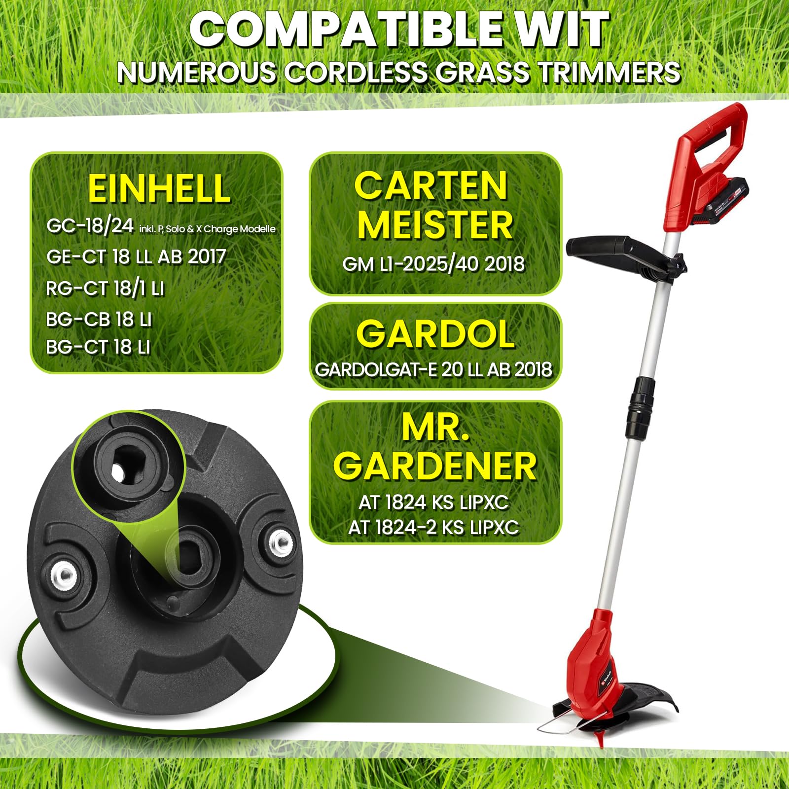 Disco para cortacésped con batería con 10 cuchillas de acero inoxidable, 8 tornillos de acero inoxidable, disco de corte de repuesto, soporte universal compatible con E-inhell | G-ardol |