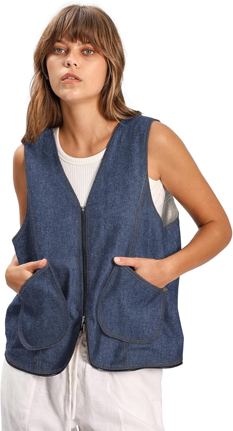 Amazhiyu Women's Linen Denim Zip-up Waistcoat Sleeveless Tops Dual-use Hobo Bag
