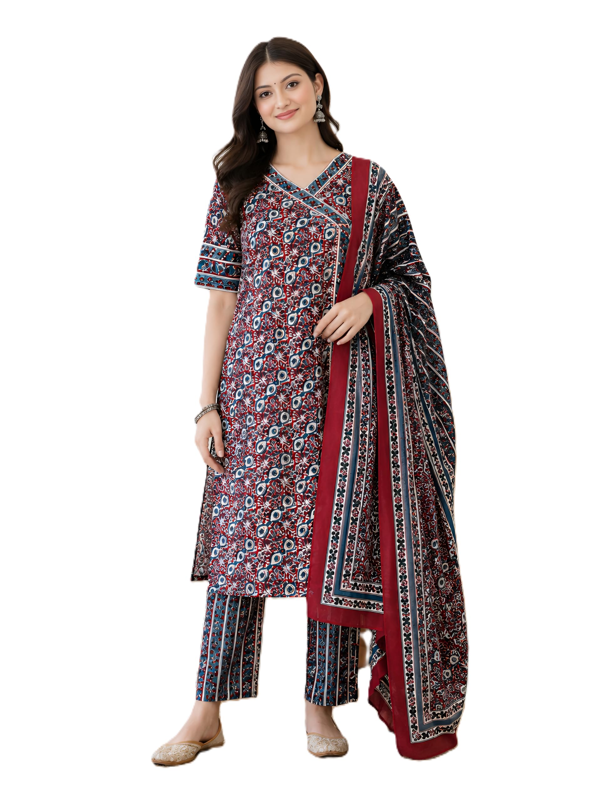yash gallery Women's Cotton Printed Kurta Pant with Dupatta Set with V-Neck Half sleeves Ethnic Suit Set-picture-6