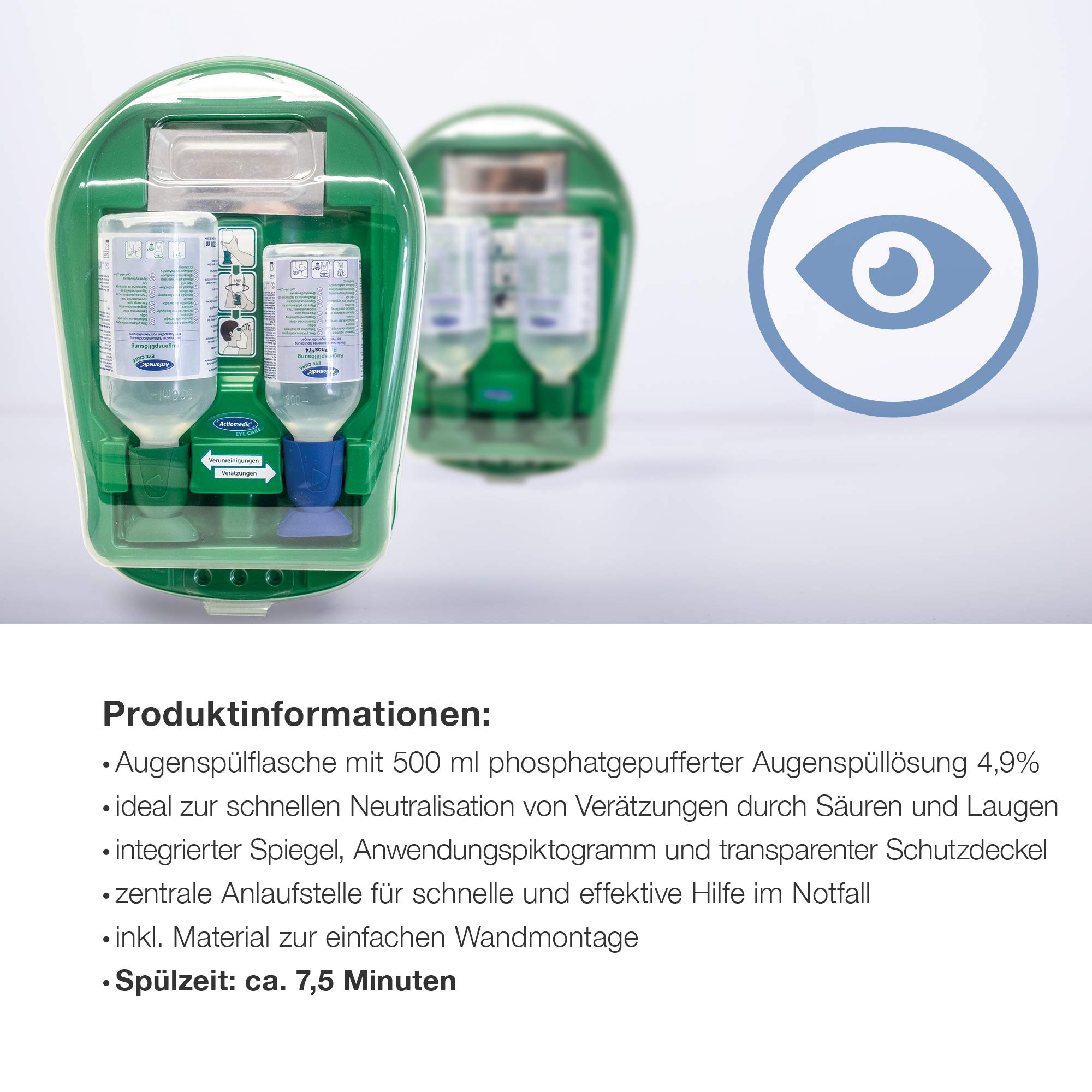 ACTIOMEDIC Stacja do przemywania oczu Medidrop II, sterylny płyn do przemywania oczu NaCl 0,9% i BioPhos74 4,9%