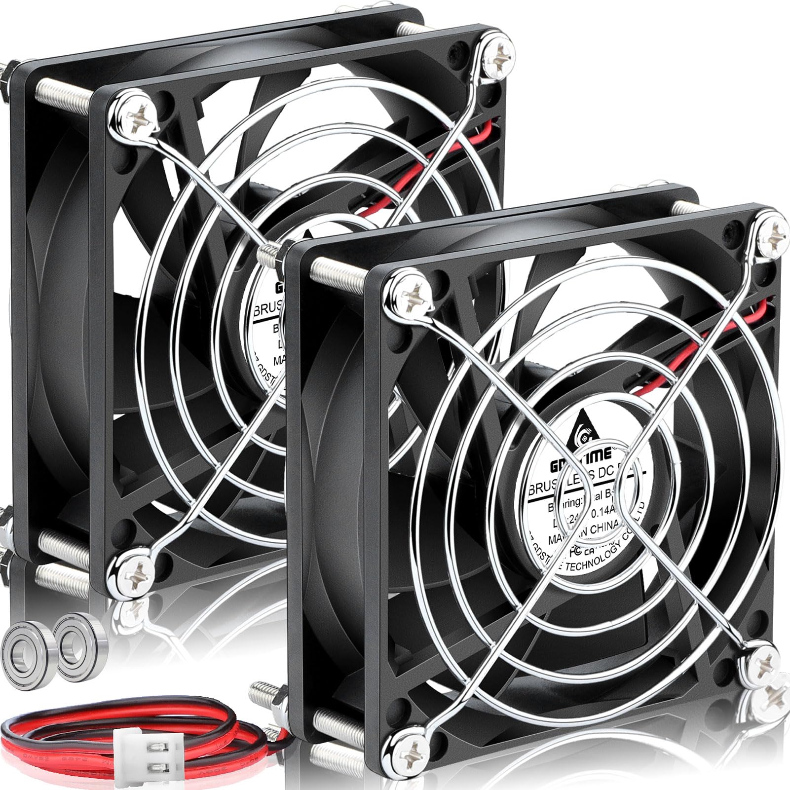 GDSTIME 2-Pack 80mm x 80mm x 25mm 24V Brushless DC Cooling Fan, Dual Ball Bearing High Speed 24 Volt 3 Inch Fan 8025 2-Pin for Amplifier UPS Power