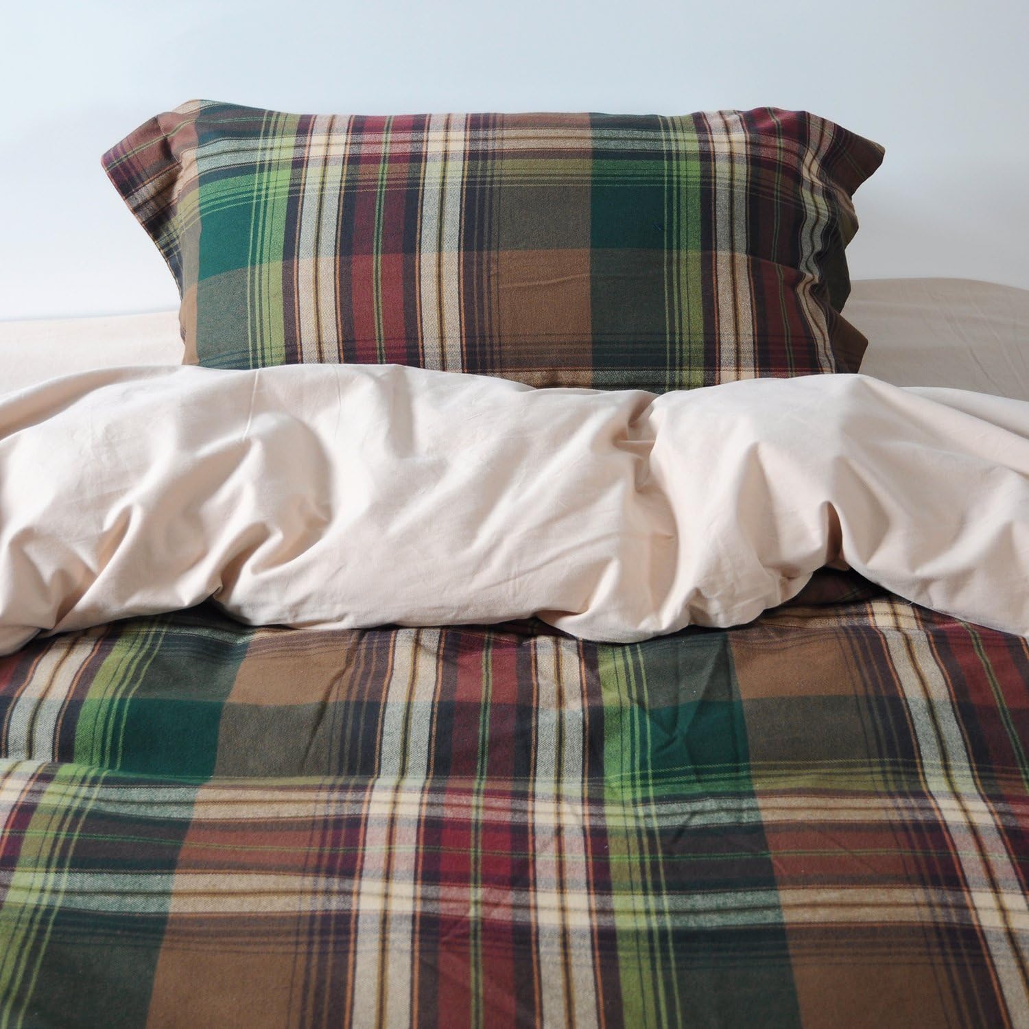 UFO Home 300 Thread Count 100% High-end Cotton Flannel Tartan Plaid Design 4pc Duvet Cover Set Mild Multi-Colored Full/Queen Size