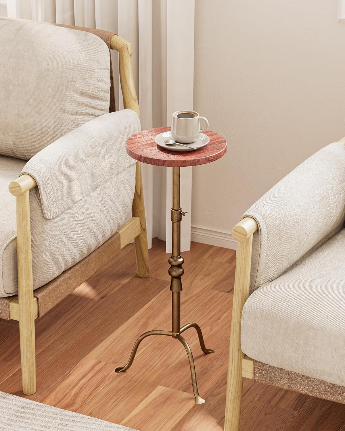 Adjustable Height Round Pedestal Table - 22-30 Inch, Modern Martini Cocktail End Table with Natural Travertine Top & Antique Brass Base for Small Spaces Living Room, Bedroom (Red Travertine)
