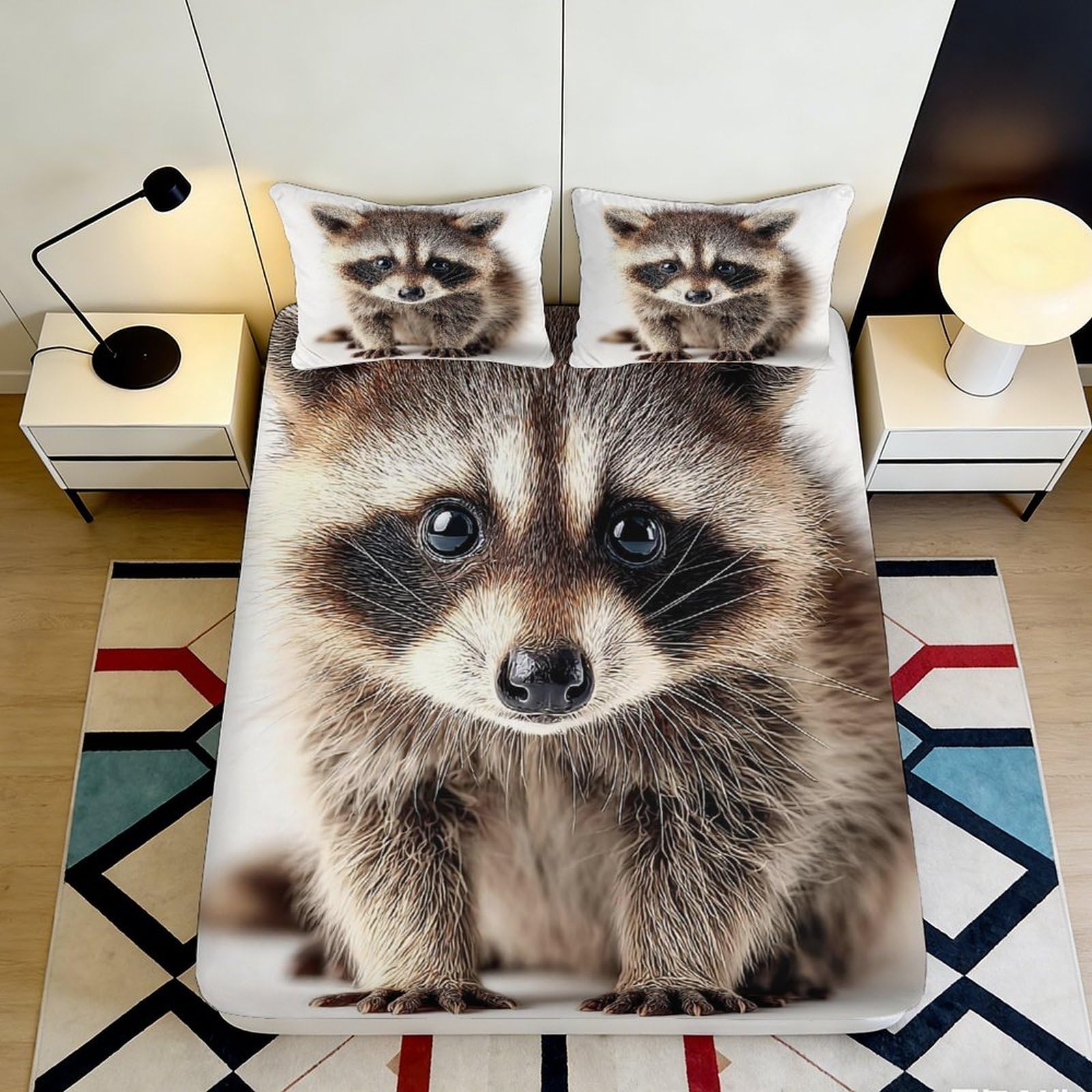 3D Printed Cute Raccoon Fitted Sheet Microfiber Deep Pocket Non-Slip Bedding Raccoon Mattress Fitted Cover for Bedroom 200x200x25cm 90x200x25cm