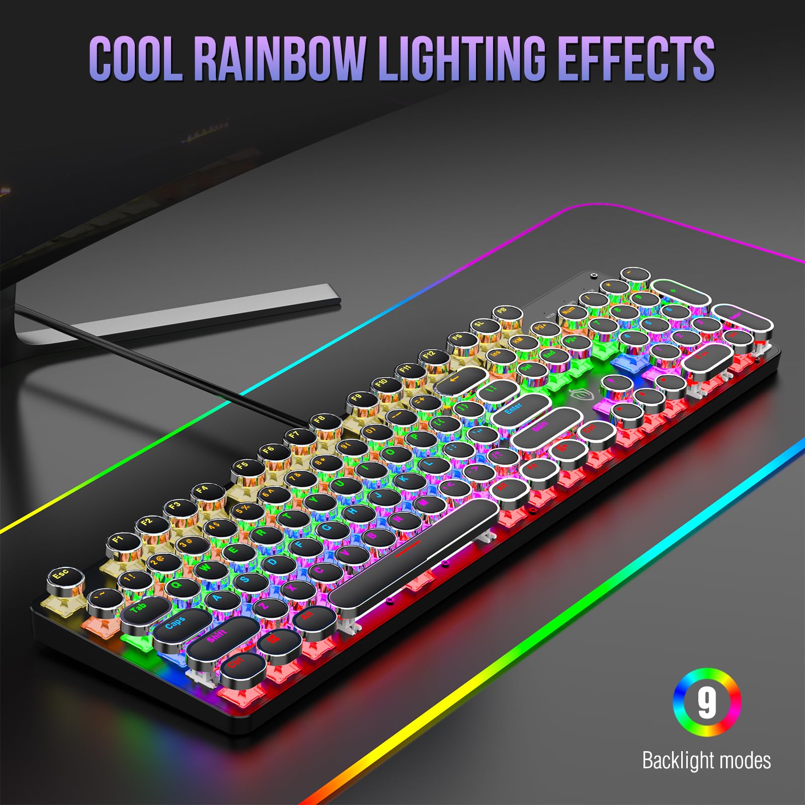 Clavier de jeu mécanique pour machine à écrire avec interrupteurs rouges rétroéclairés à la lumière arc-en-ciel, 104 touches, style machine à écrire filaire confortable Soud (LED noire)