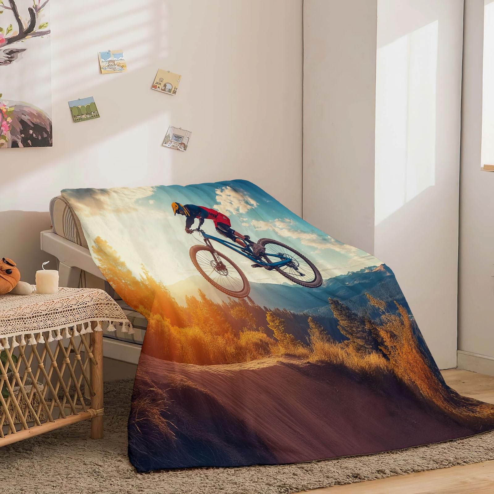 CozyRest Drucken Flanell Fleecedecke Mountainbike-Fahrer Themed Wohndecke bequem und atmungsaktiv Kinder Kuscheldecke 150 x 200 cm für Erwachsene Camping Sofa Decke