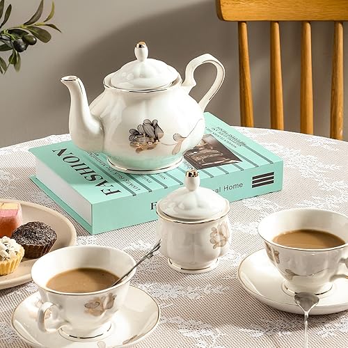 Miniatura 3 de CHENP.HMC Juego de té de cerámica de porcelana de 22 piezas, juego de tetera y taza, 30.7 onzas, para 6, juegos de regalo, amantes del té o del Flor