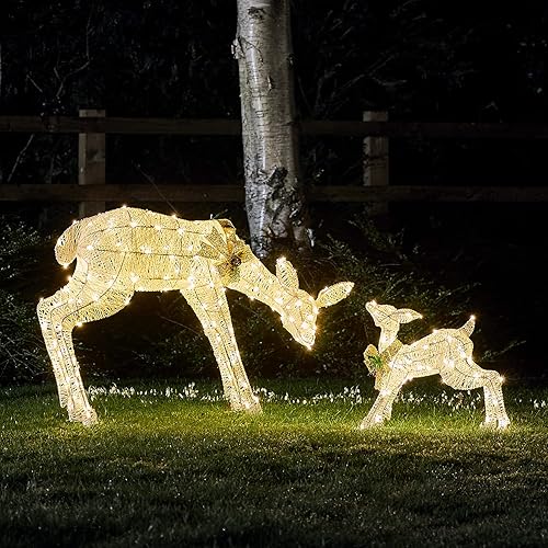 Lights4fun, Inc. - Juego de 2 figuras de ciervo con purpurina blanca y reno, 230 luces LED de Navidad, decoración para uso en interiores y exteriores