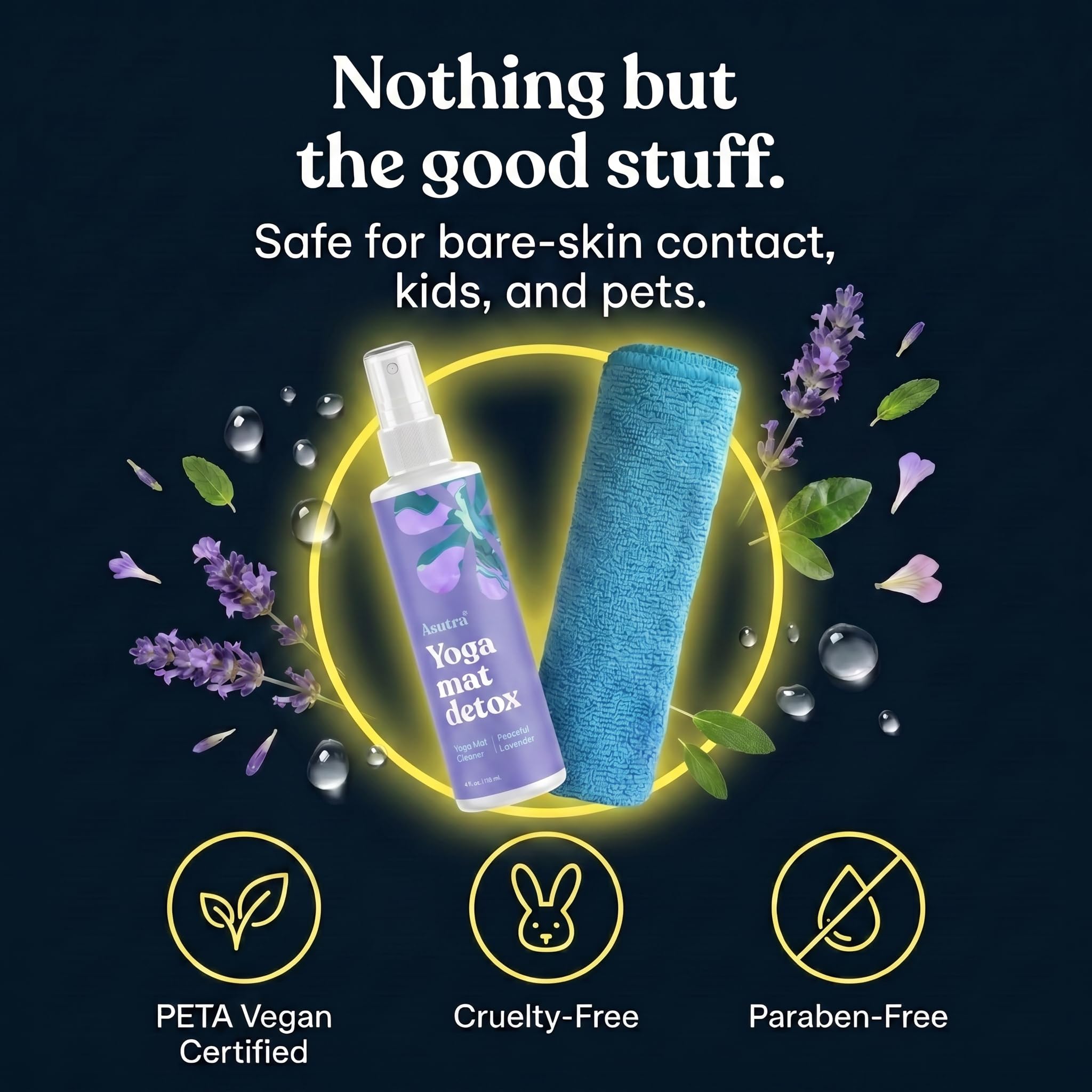 ASUTRA Yoga Mat Cleaner Spray (Peaceful Lavender), 4 fl oz - No Slippery Residue, Organic Essential Oils, Deep-Cleansing for Fitness Gear & Gym Equipment, Microfiber Towel Included