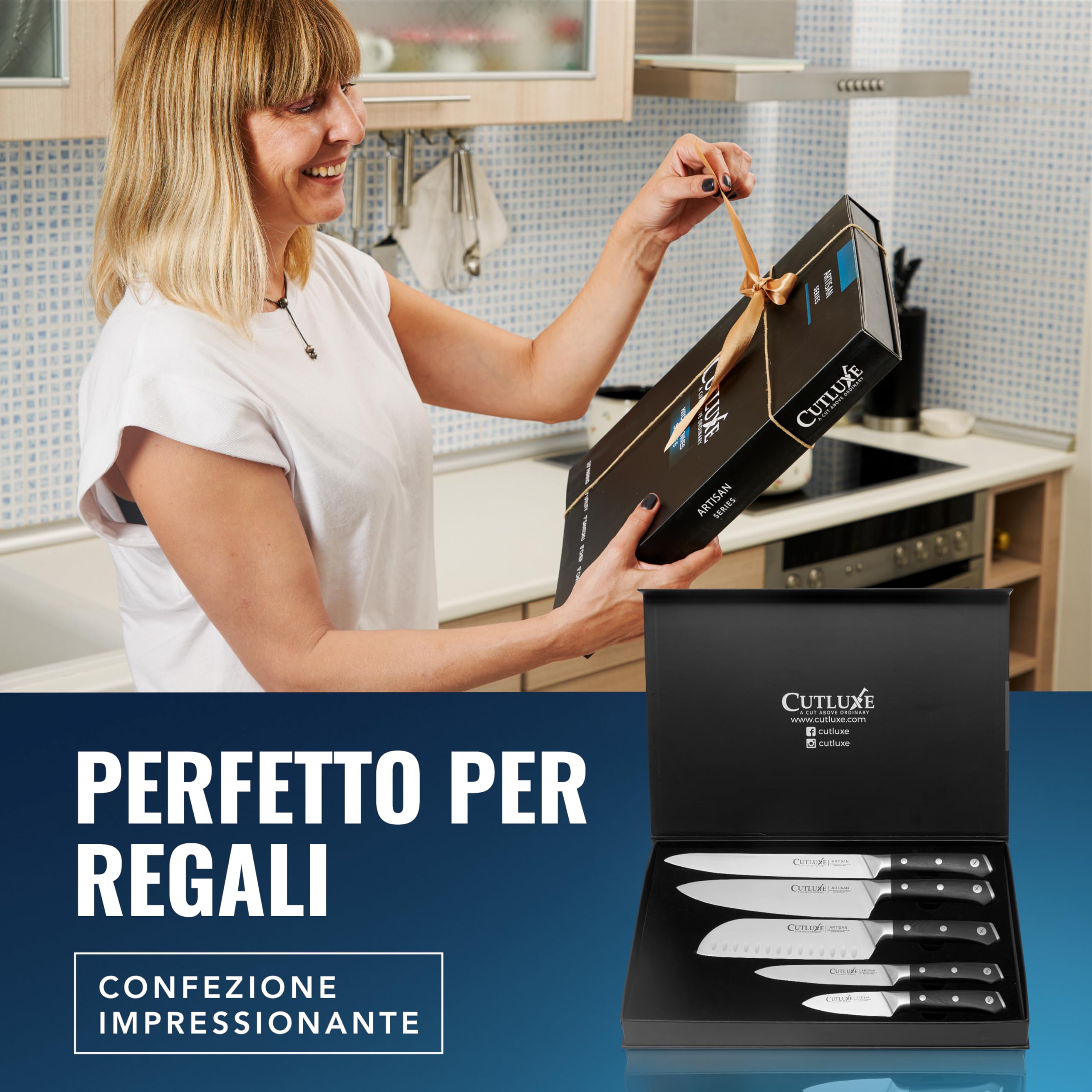 Cutluxe Set 5 Coltelli da Cucina – Acciaio Tedesco, Codolo Intero | Chef 20cm, santoku 18cm, utility 14cm e intaglio 23cm; filo affilato a mano; manico ergonomico
