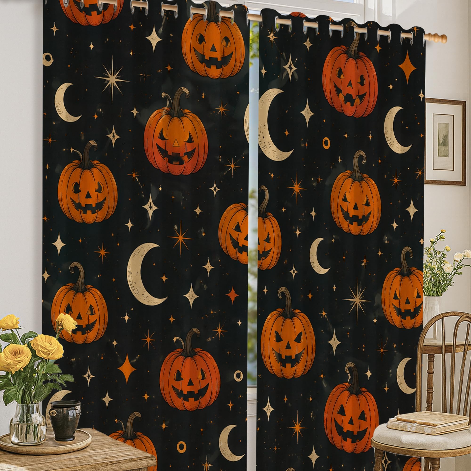 Rideaux occultants orange 132x160 cm à motif citrouilles lune et étoiles pour salon