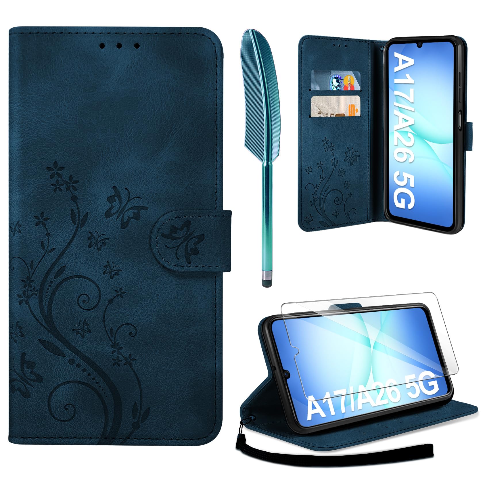 AROYI Lederhülle Kompatibel mit Samsung Galaxy A37 5G Hülle und Schutzfolie, Flip Wallet Handyhülle PU Leder Case Kartensteckplätzen Schutzhülle Kompatibel mit Samsung Galaxy A37 5G Dunkel Blau