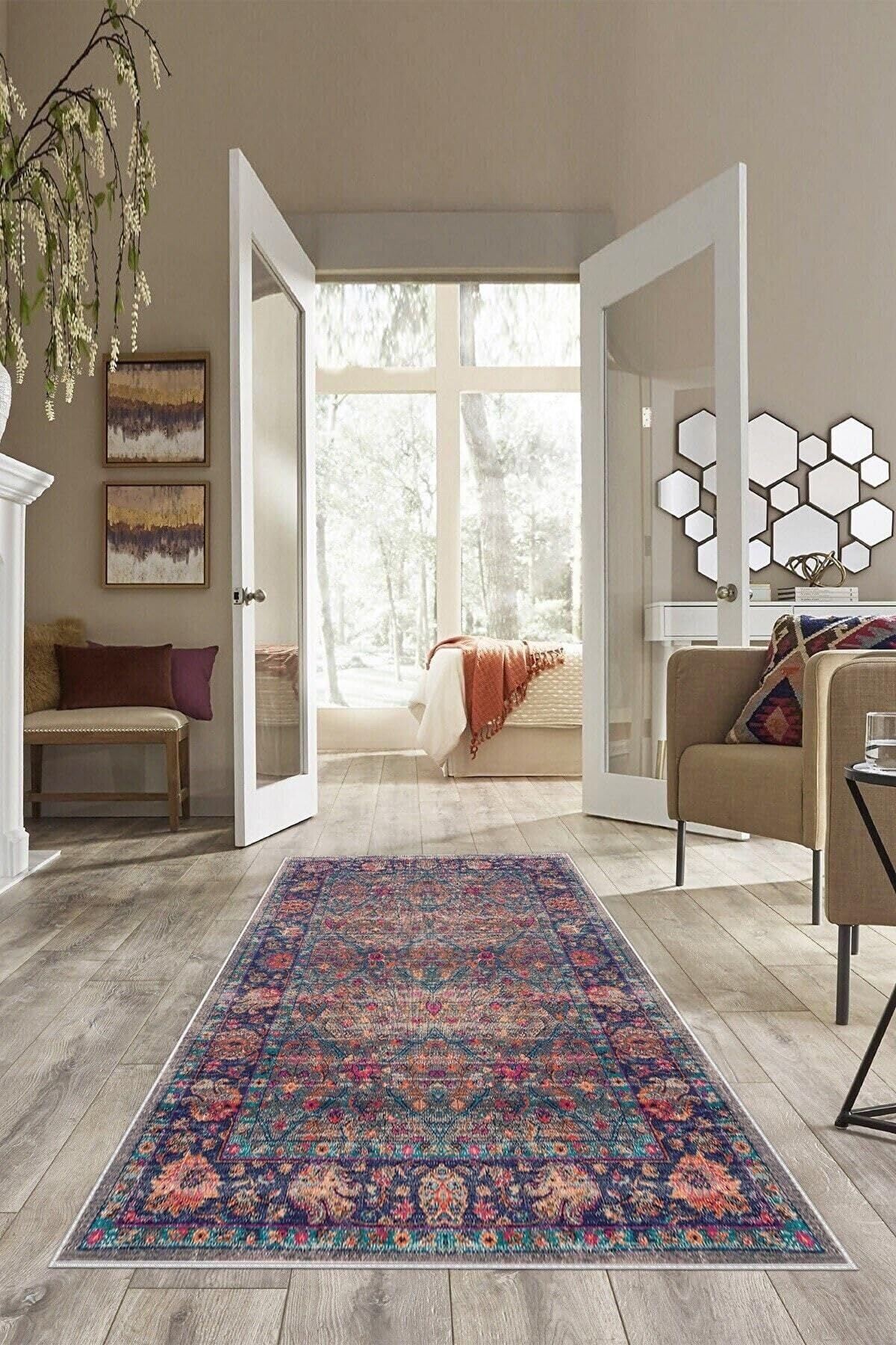 Pelangi Mavi Osmanlı Motifler Eskitme Yıkanabilir Kaymaz Taban Leke Tutmaz Modern Salon Halısı Ve Yolluk, Mavi-Pembe 100 x 200, 74571105100200728