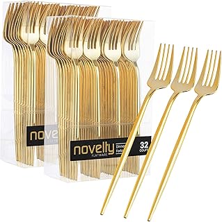 Novelty Modern Disposable Flatware, Plastic Salad forks Luxury Gold 64 Count: Nicole Fantini Disposable Cutlery, (BS2922)
