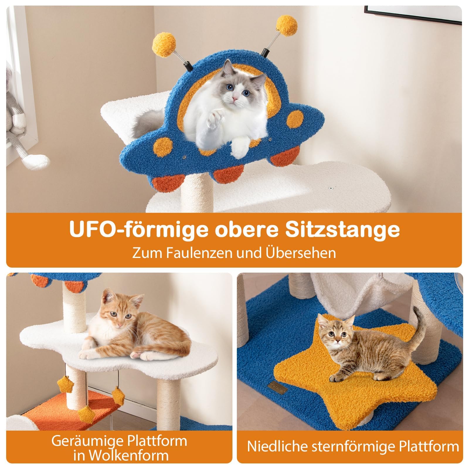COSTWAY Mały drapak z motywem kosmicznym, drzewko dla kota z platformą UFO, zabawka, sizalowe kolumny do drapaka, hamak i kapsuła kosmiczna, drapak dla kota, meble dla kotów, drzewko do wspinaczki,