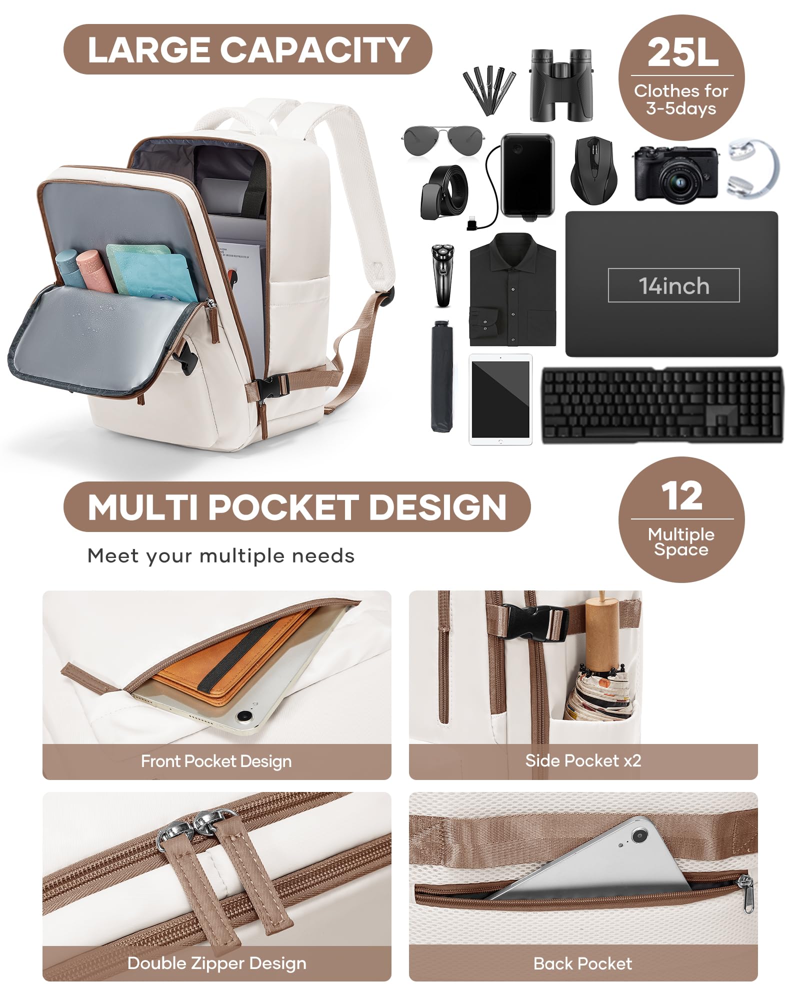 Borse da Cabina per Ryanair 40x20x25 Bagaglio a Mano Zaino Borsa Zaino da Viaggio, Zaino da trekking,da uomo, zaino casual per laptop da 14 pollici per scuola con porta di USB