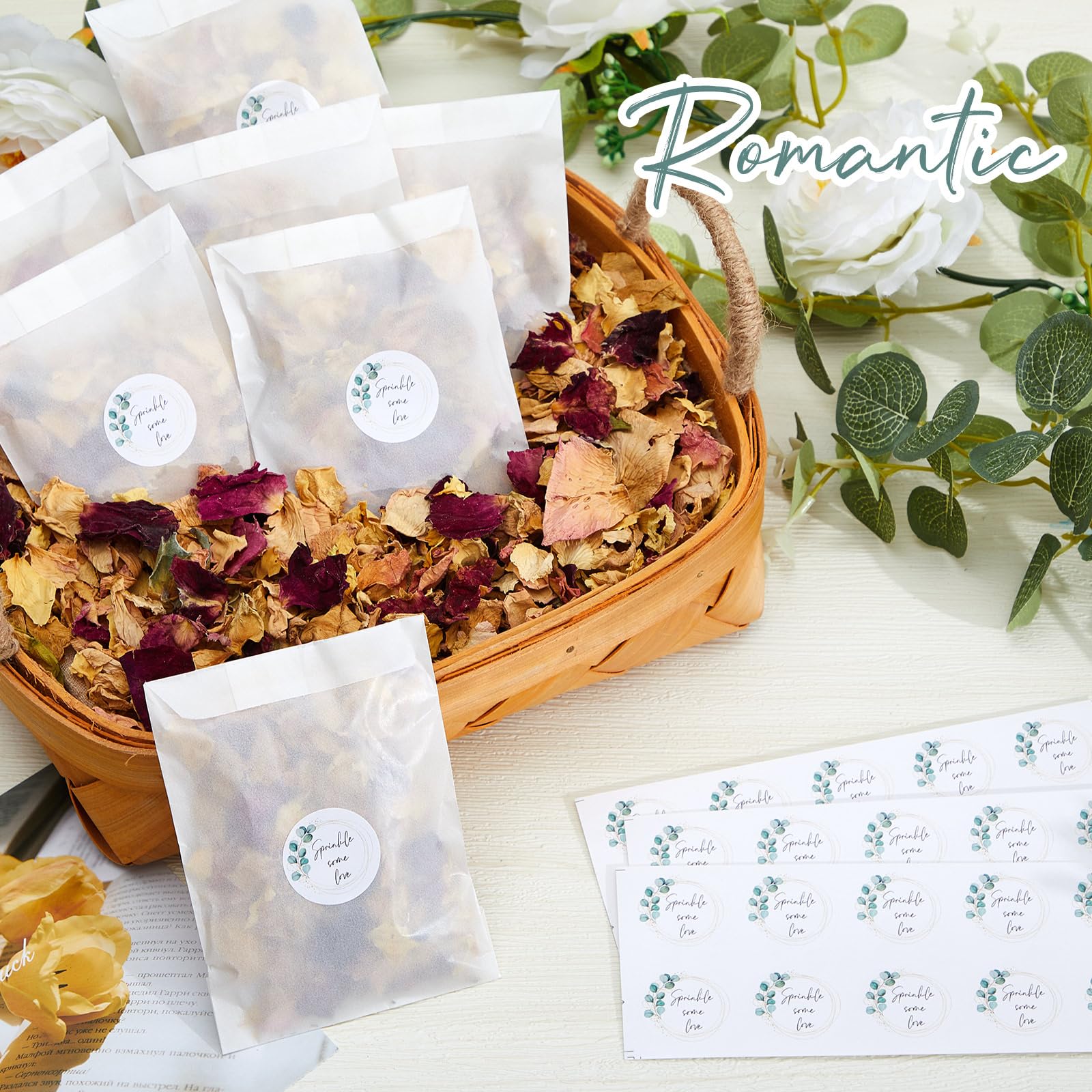 Tenare 100 Pcs Wedding Confetti Bags Set Includes 100 Pcs 3.54 x 5.31 in Glassine Paper Favor Bags Glassine Envelopes and 100 Wedding Confetti Stickers(Green,Stylish Style) - Image 4