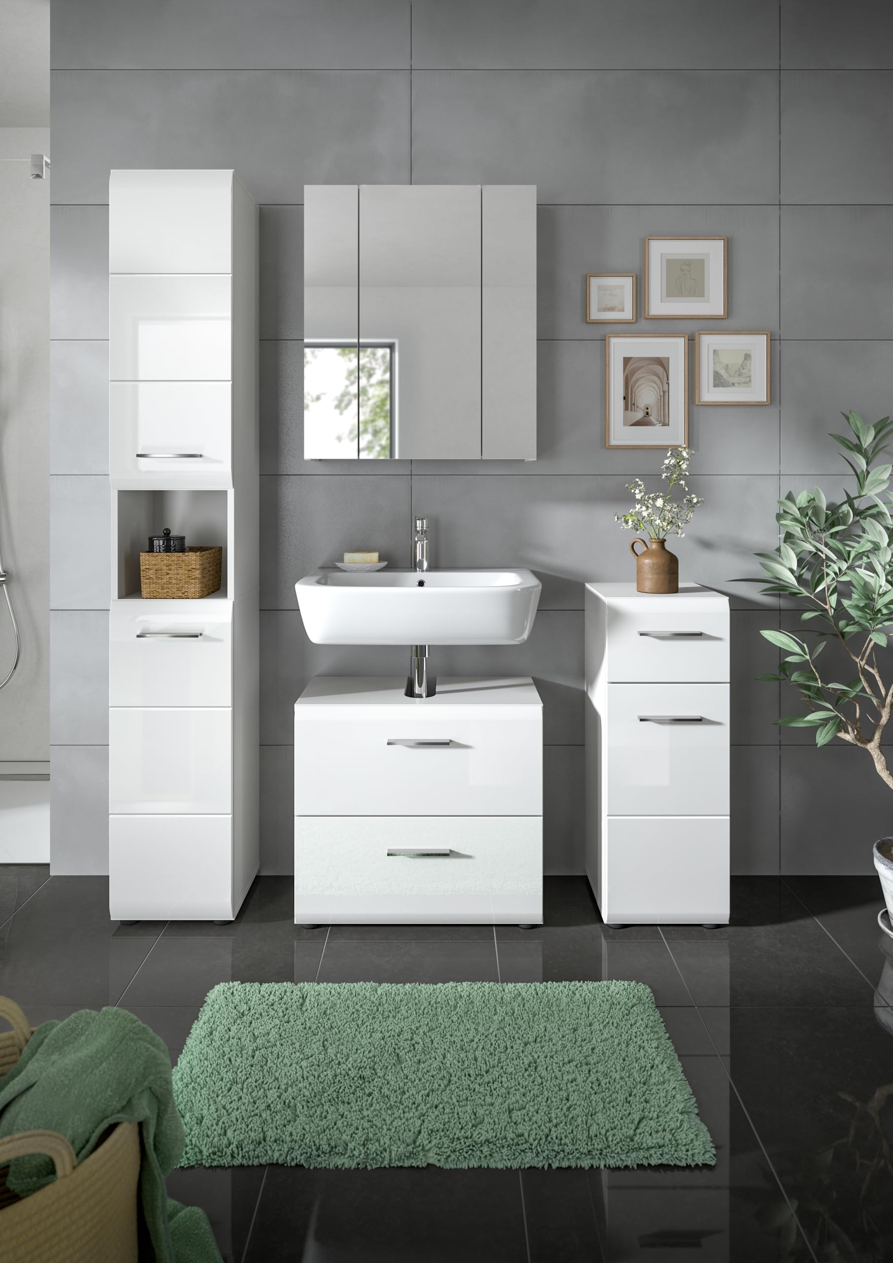 xonox.home – 4 TLG. Badmöbel-Kombination Ice 150x185x30 cm in Korpus weiß Nachbildung und Front weiß Hochglanz – Elegantes Badmöbel-Set – platzsparend – Bild 6