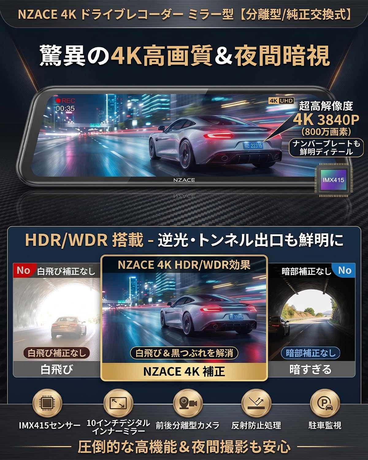 Amazon.co.jp: NZACE ミラー型ドライブレコーダー 純正ミラー交換型 10