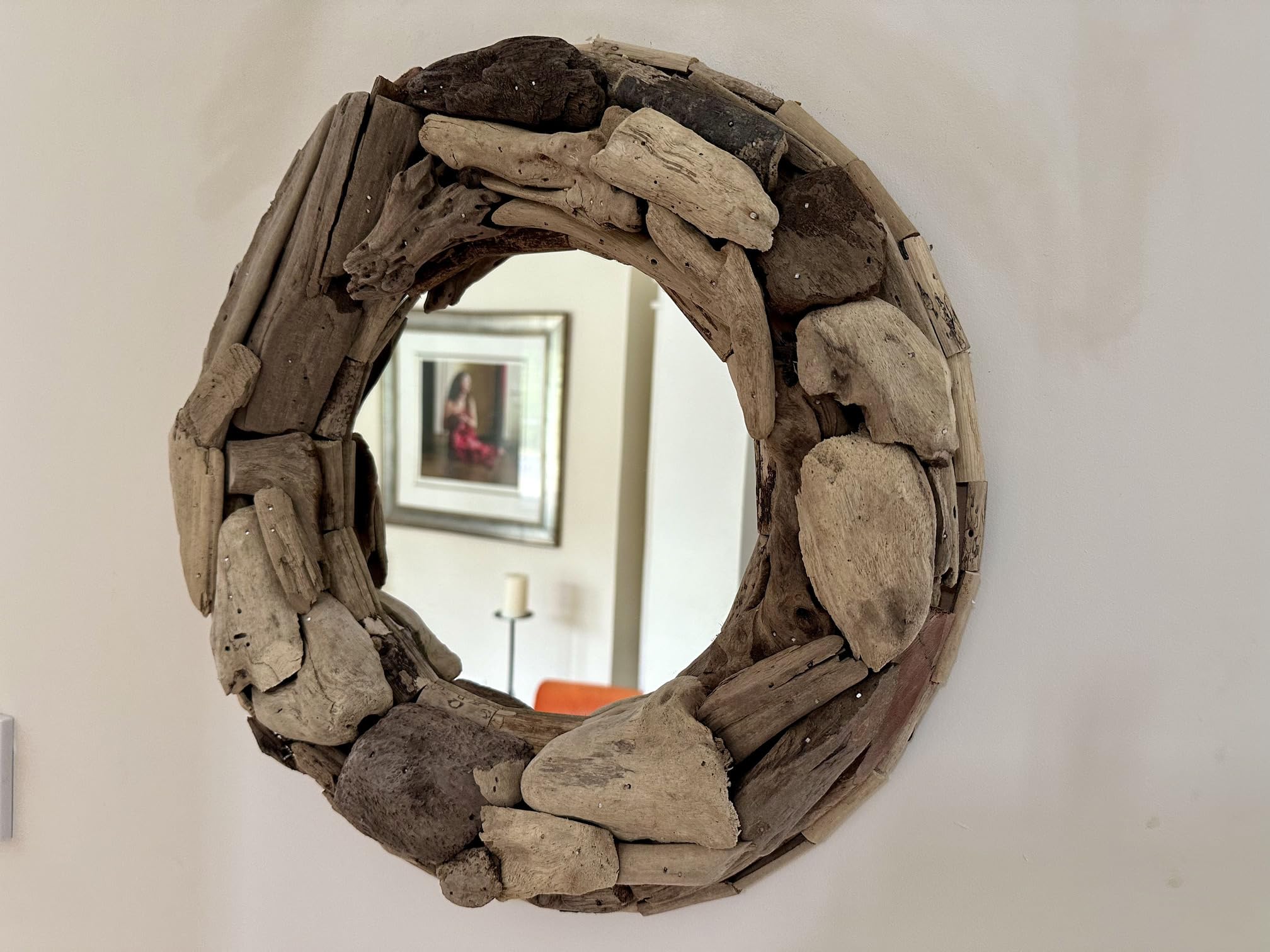 Maisonica 40Cm Round Driftwood Mirror Wall Art - Wooden Rustic Unique Hand Sculptured