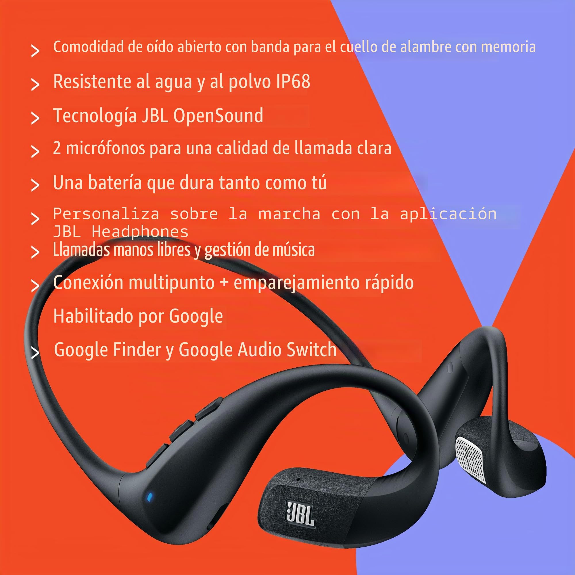 JBL Endurance Pace Auriculares Deportivos Open-Ear, Negro/Gris | Bluetooth, 10H de Autonomía, Banda para el Cuello con Memoria, Protección IP68 contra Agua y Polvo, Tecnología JBL OpenSound