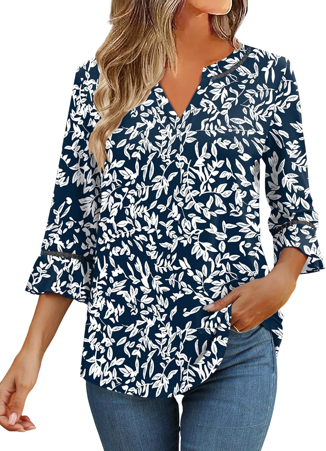 3/4 Length Sleeve Womens Tops Summer Ruffle Sleeve Blouses V-Neck Lace T-Shirts Dressy Casual