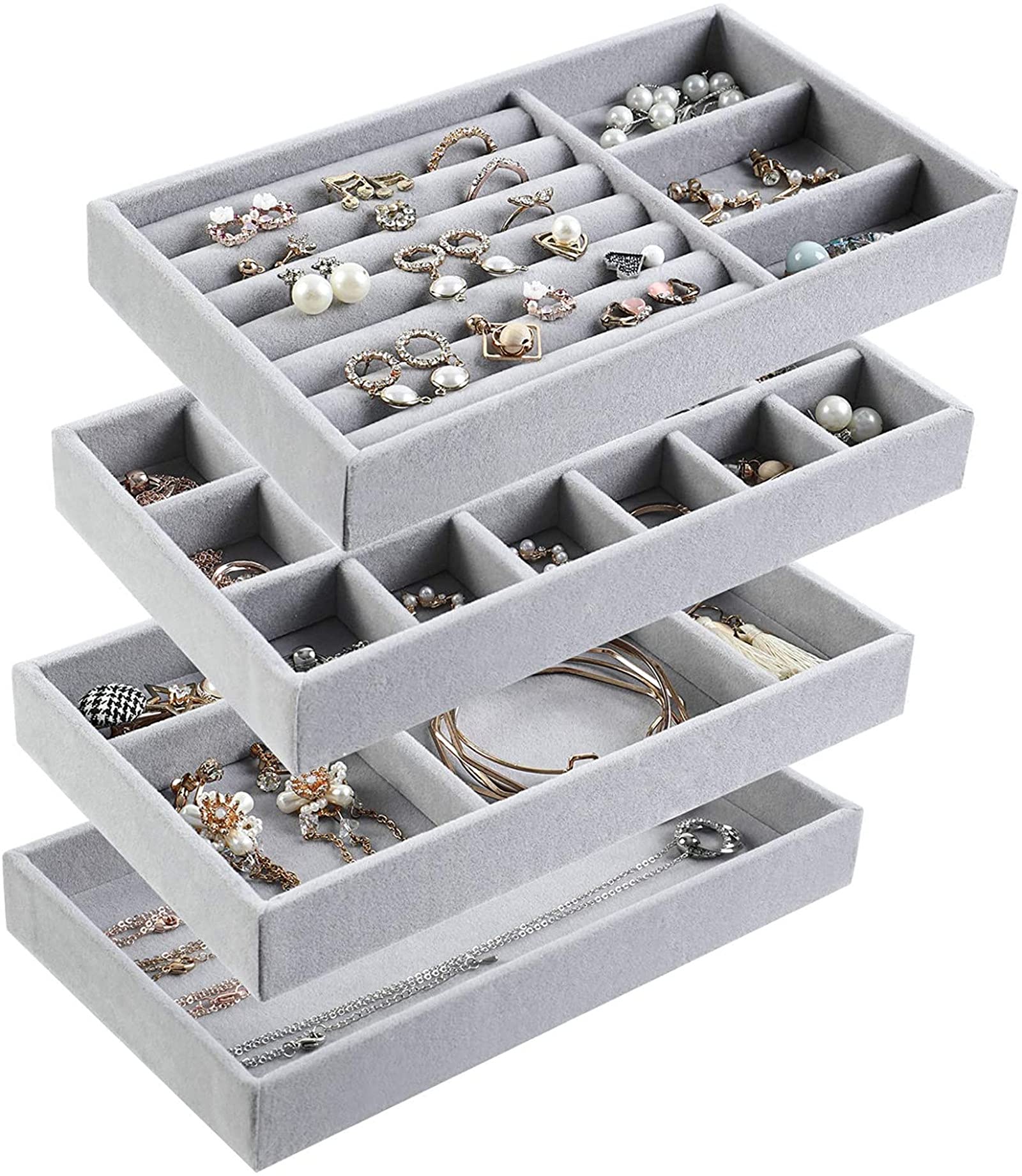 Set Of 4 Velvet Jewelry Trays – Stackable Drawer Organizer For Earrings, Necklaces, Rings, Bracelets - View #3