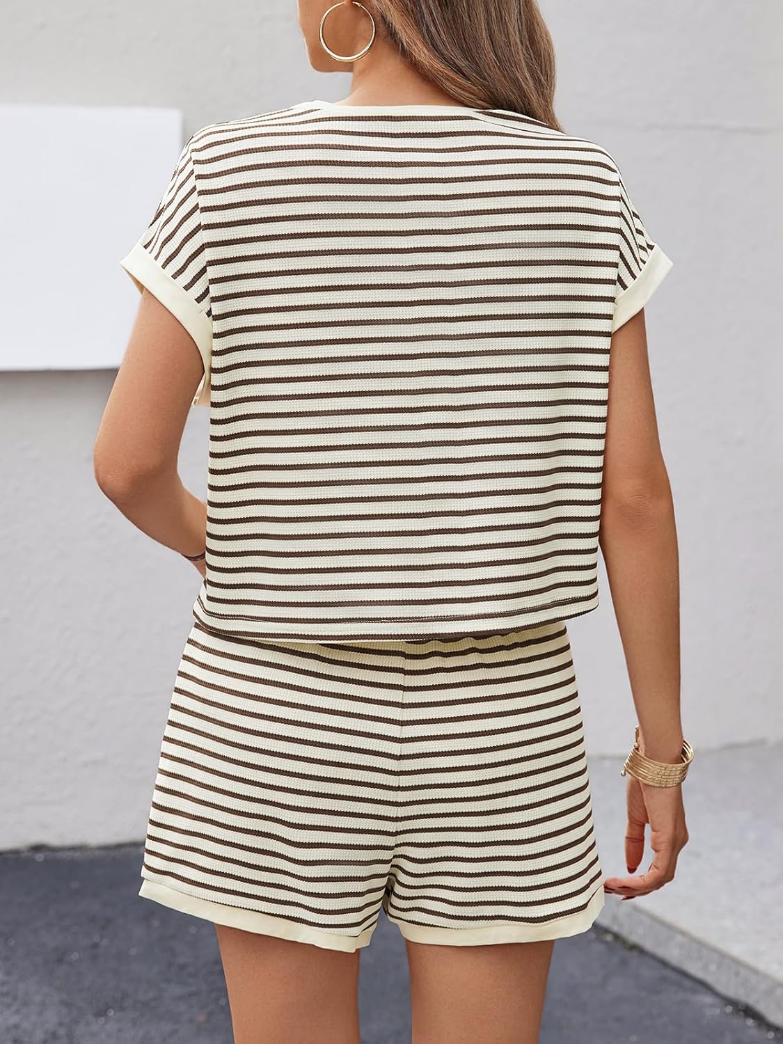 Tankaneo Womens Summer 2 Piece Sets Striped Short Sleeve T Shirts and Shorts Loungewear Matching Set - Image 5